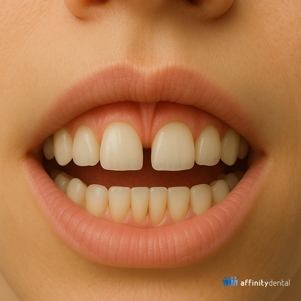 3D dental illustration showing high labial frenum attachment causing a gap (diastema) between the upper central incisors. Affinity Dental performs Frenectomy in the Philippines to address conditions of patients with this condition.