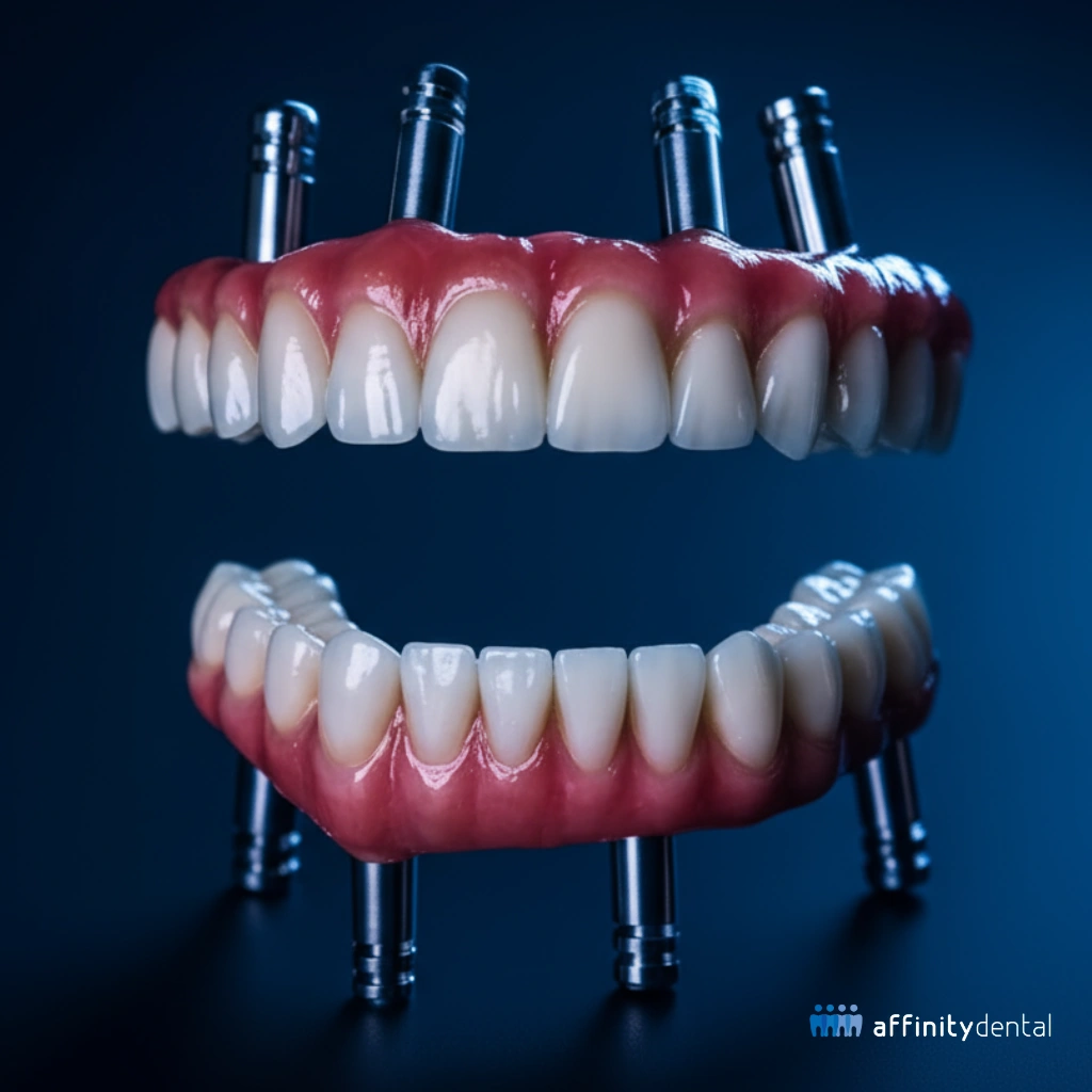 3D illustration of full mouth dental implants with titanium posts and fixed zirconia bridges on upper and lower jaws