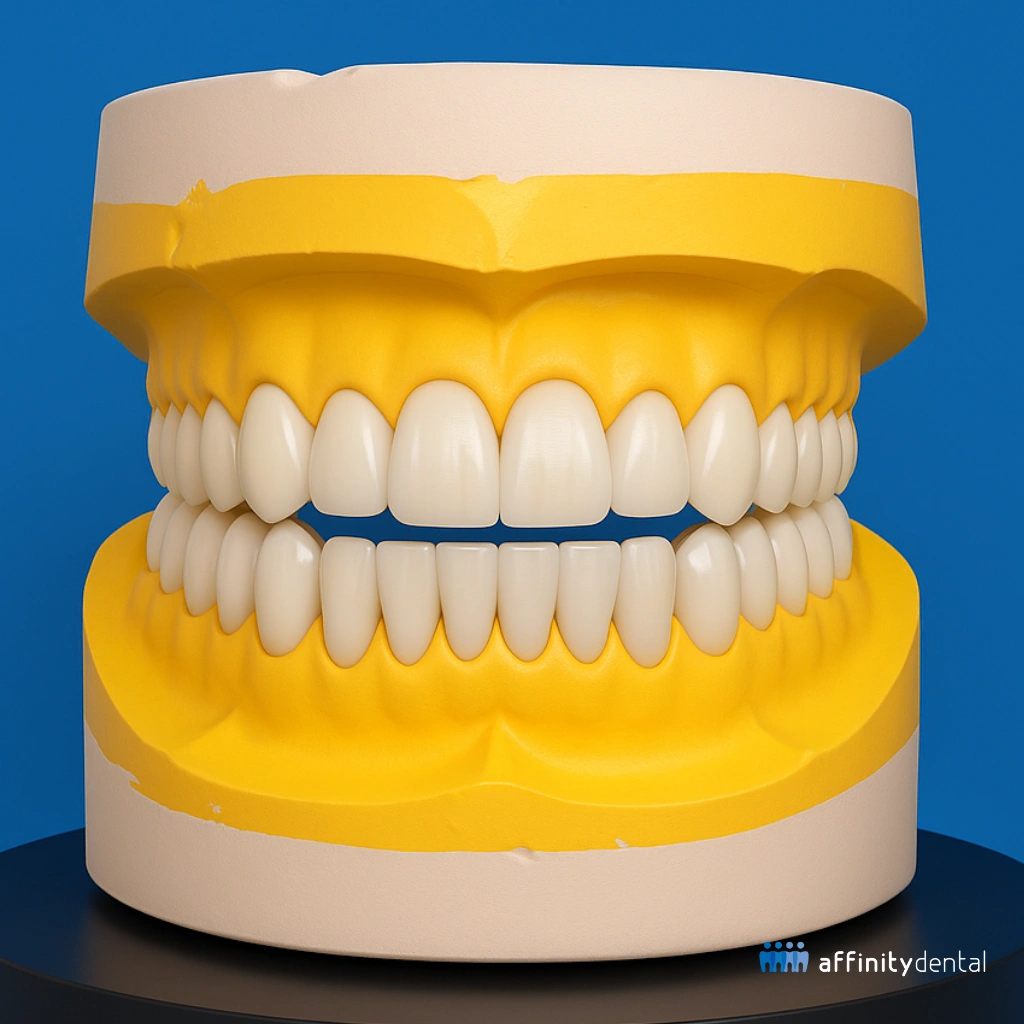 3D dental model showing a full mouth restoration with Zirconia Crowns on a cast, created by Affinity Dental Clinics.
