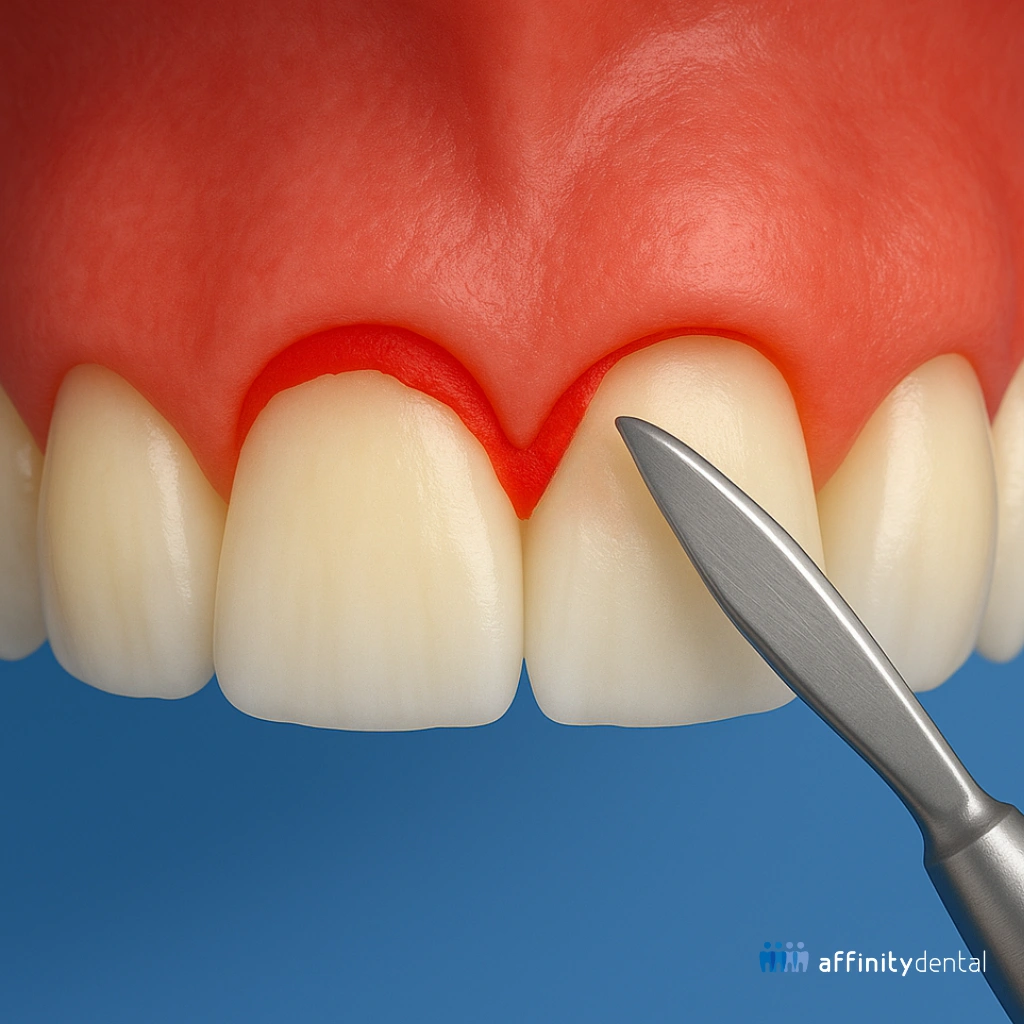 3D-rendered digital illustration showing a gingivectomy procedure on a single upper incisor, with realistic gum incision and anatomical accuracy.