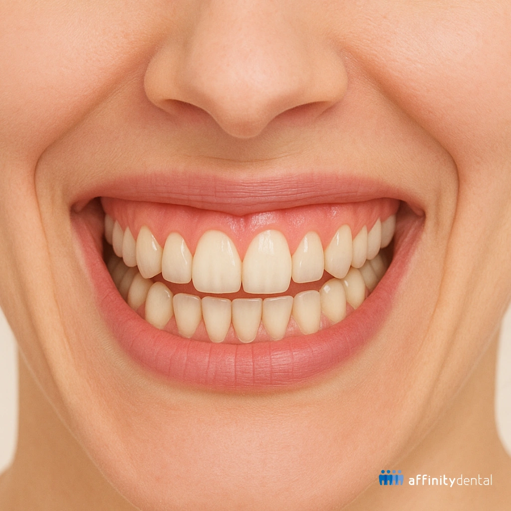 Close-up of a woman’s mouth with a severe gummy smile, showing more than 7 mm of gum tissue above the upper teeth.