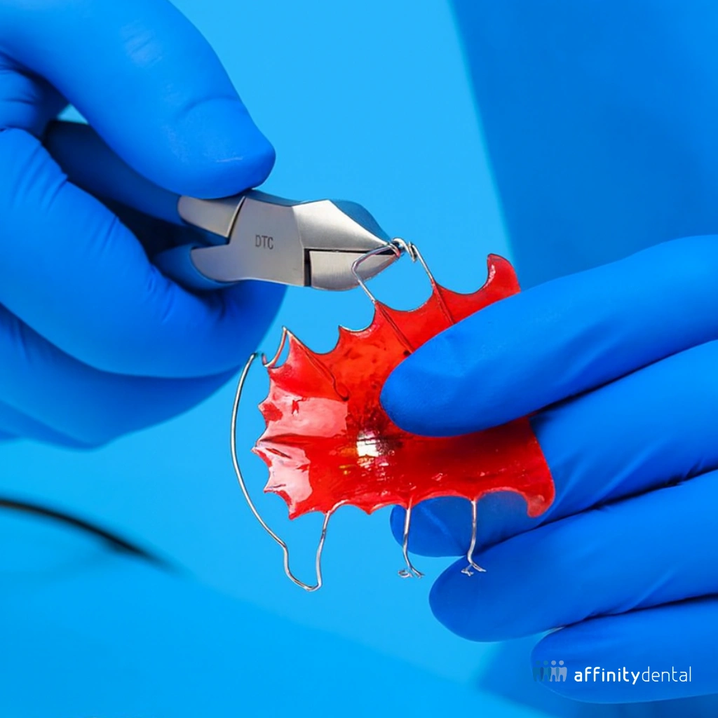Dentist wearing blue gloves adjusting a red Hawley retainer with orthodontic pliers, showing its advantage of being adjustable.