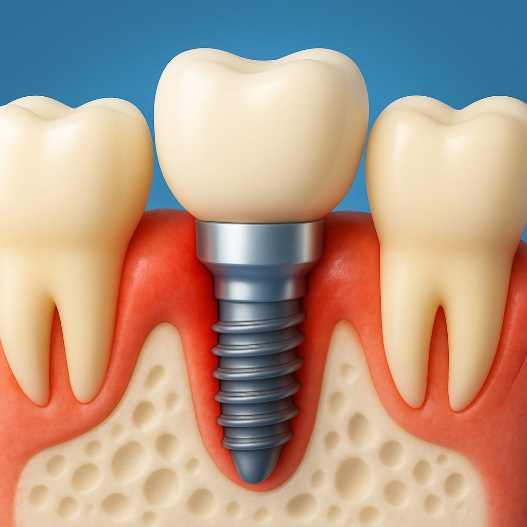 3D illustration by Affinity Dental Clinics of a dental implant placed between two natural teeth with healthy gums