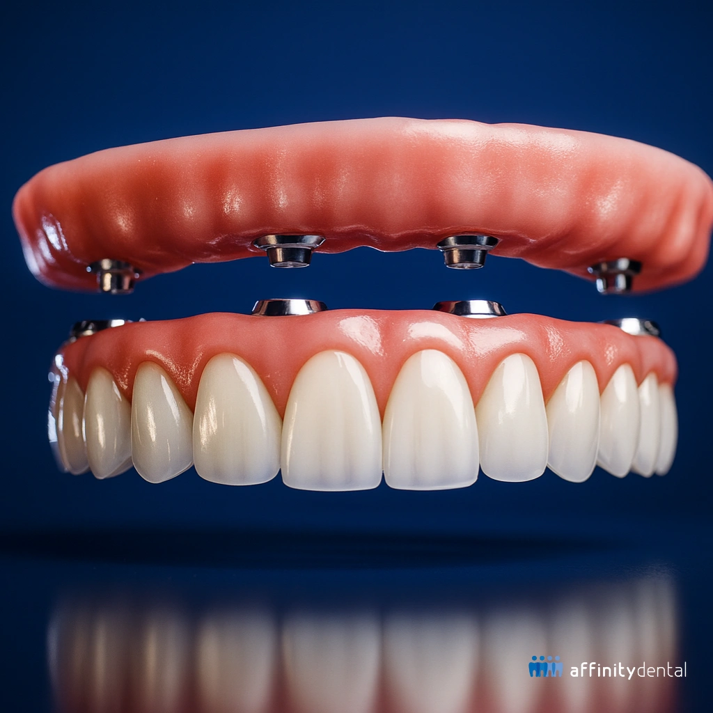 3D illustration of a full arch implant-supported denture showing artificial gum and teeth secured on multiple dental implants