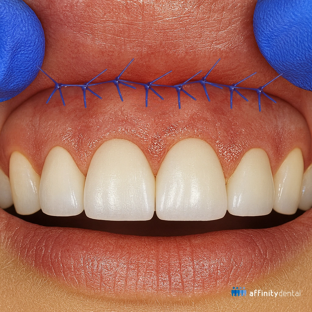 Close-up of upper lip with sutures after lip repositioning surgery performed at Affinity Dental Clinics