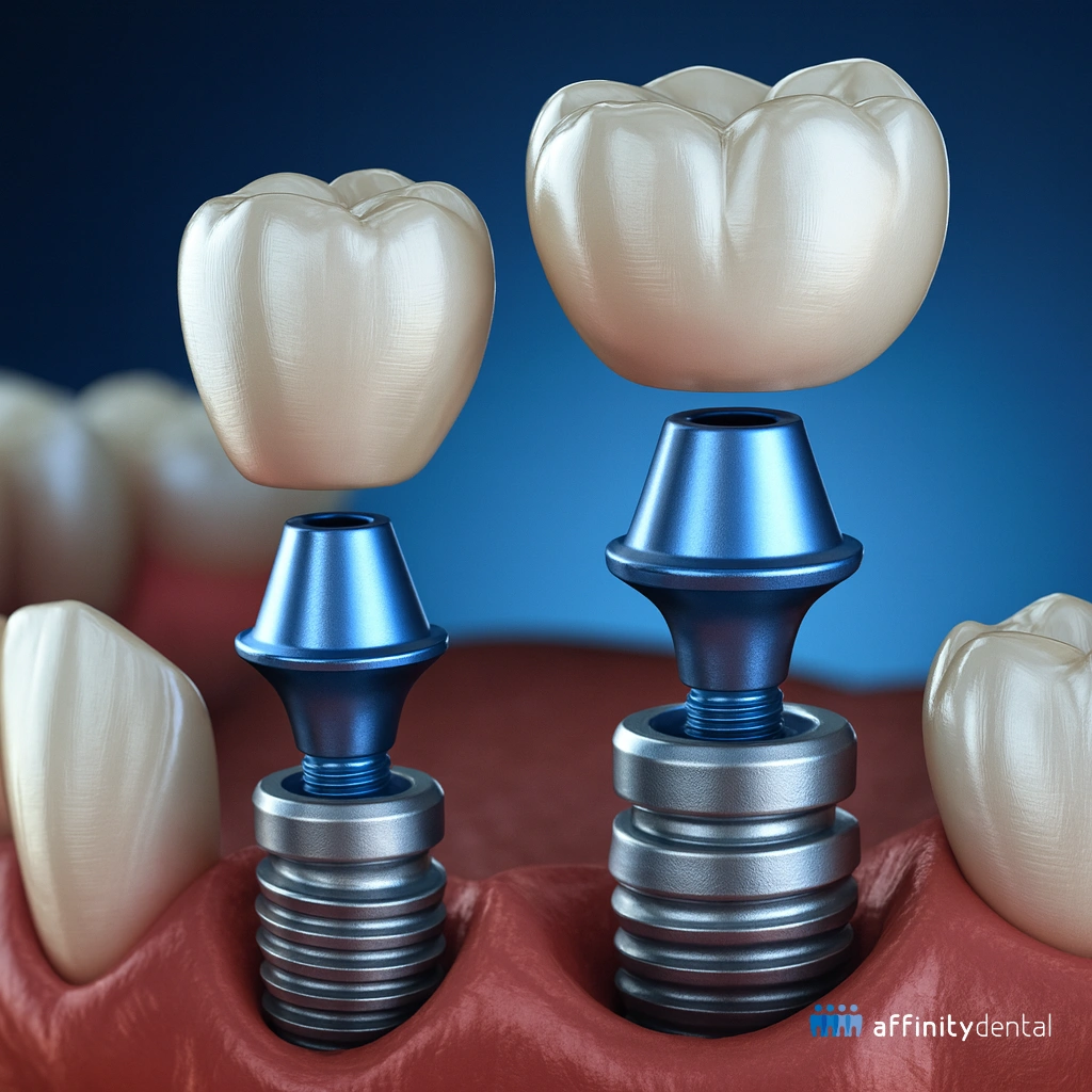 3D illustration of multiple dental implants with titanium screws, abutments, and zirconia crowns