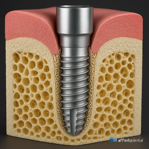 3D cross-sectional illustration showing a titanium dental implant integrated with jawbone through osseointegration
