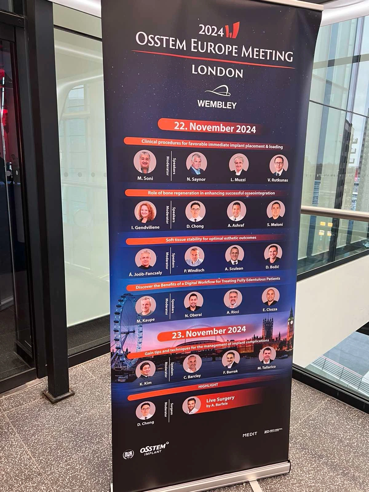 Program schedule of the Osstem Europe Meeting 2024 in London displayed on a banner at Wembley
