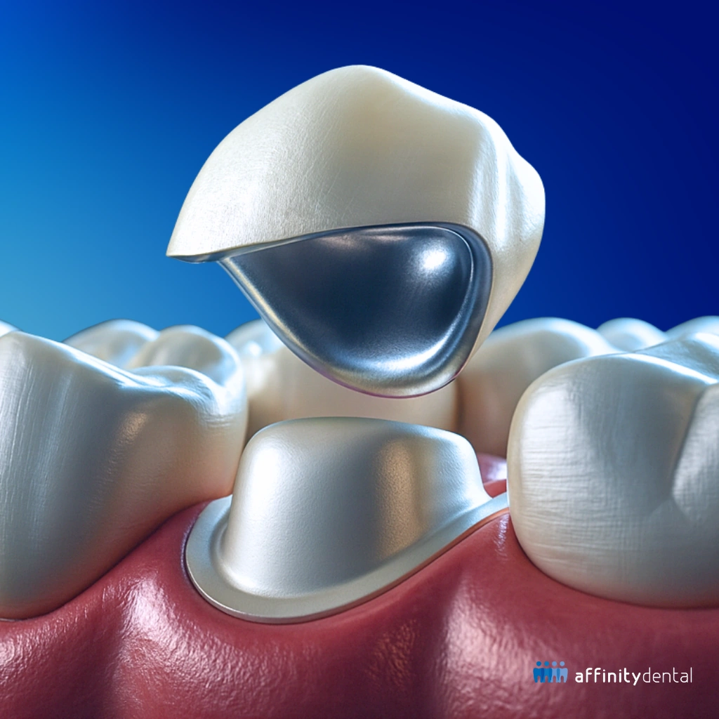 Illustration of a PFM crown showing porcelain fused over a metal base.