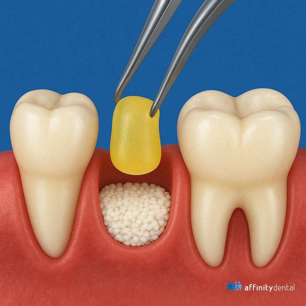 3D-rendered medical illustration of a translucent yellow Platelet Rich Fibrin (PRF) plug placed in a molar tooth socket between two adjacent molars