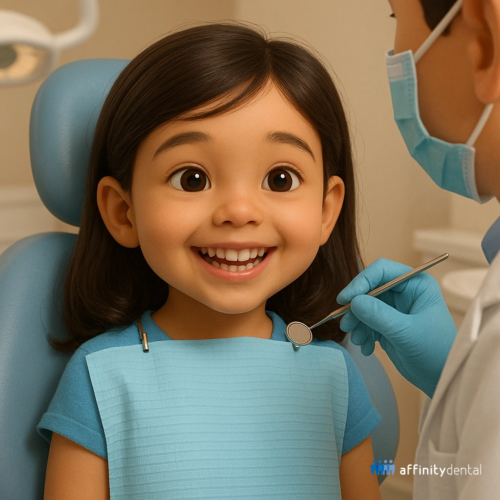 Young girl smiling at the dentist during a pediatric dental checkup at Affinity Dental Clinics