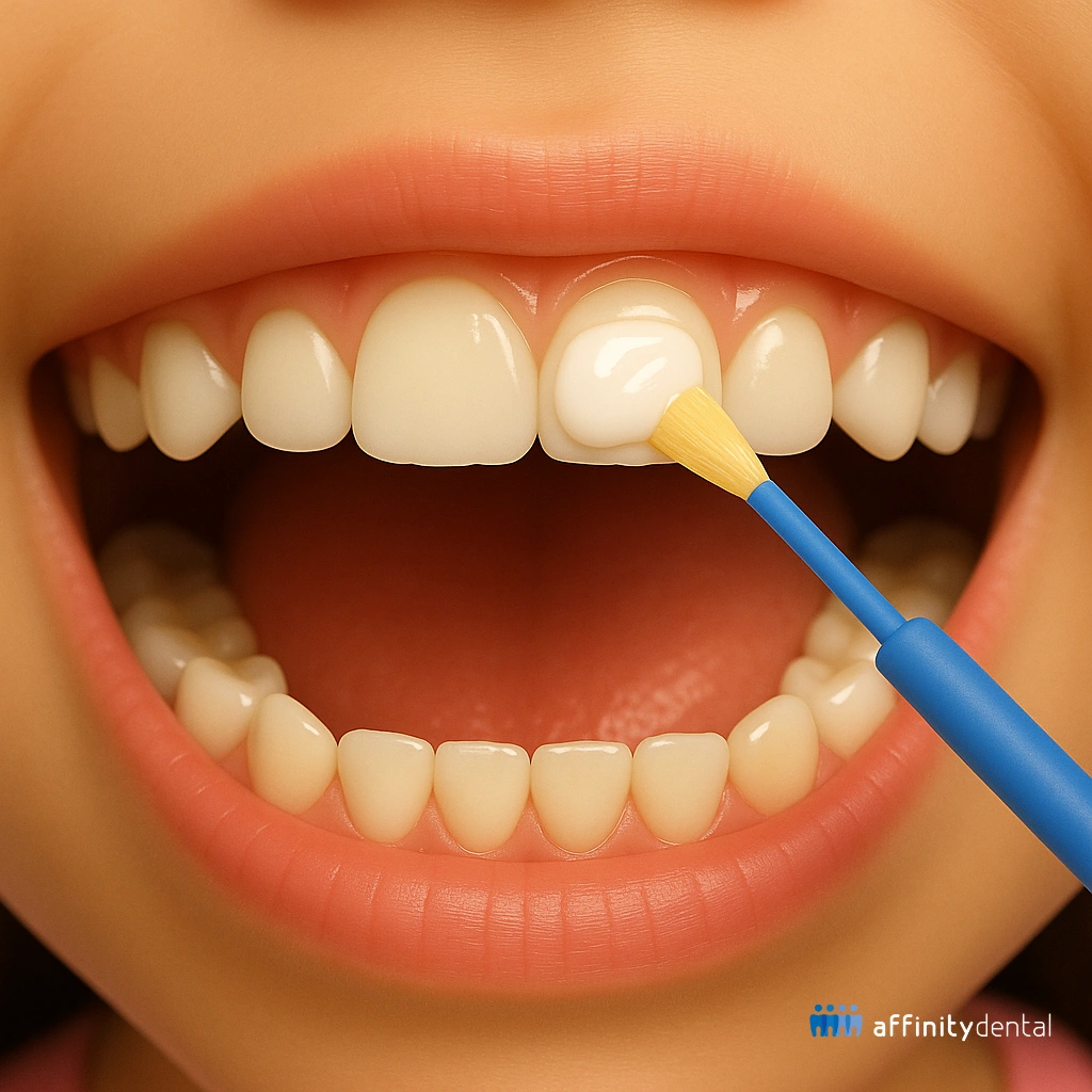Dentist applying fluoride varnish to child’s front teeth using a dental applicator brush