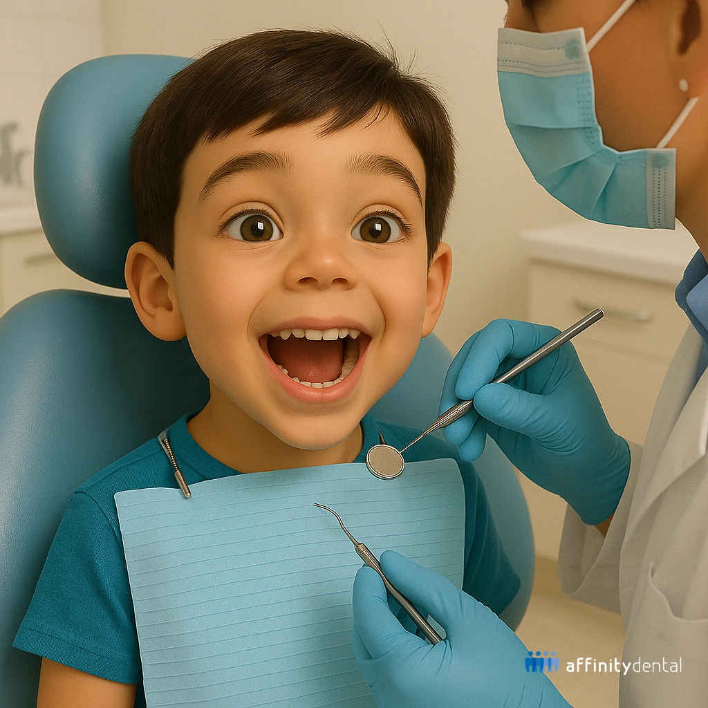 Smiling boy receiving pediatric oral prophylaxis from dentist at Affinity Dental Clinics