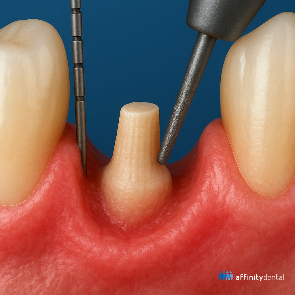 3D illustration of a crown lengthening procedure showing gingival tissue reduction around a tooth with periodontal probe and rotary instrument