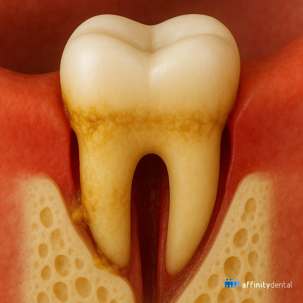 3D illustration of a tooth with tartar buildup and early signs of gum inflammation, used in periodontics education