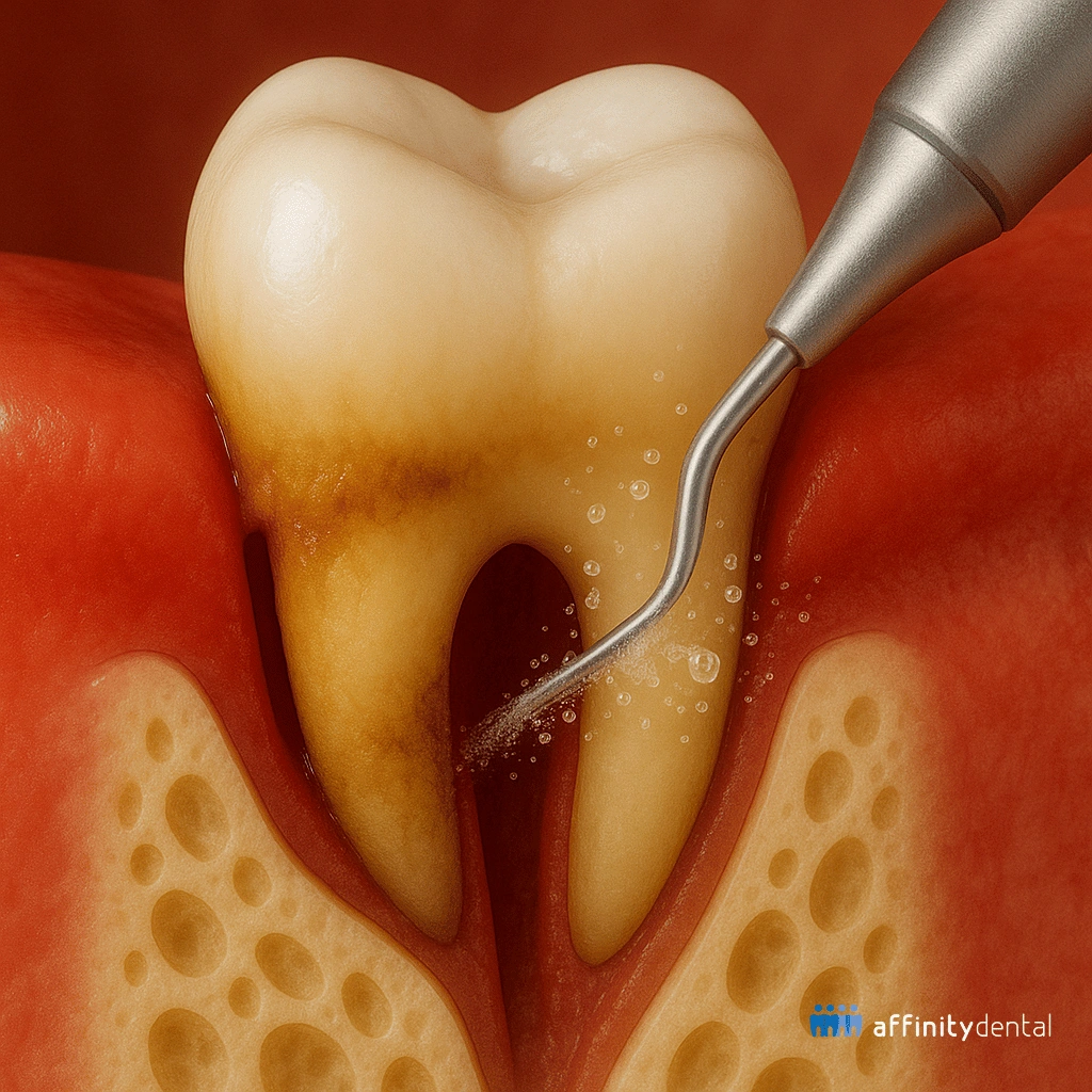 3D illustration of a dental scaler removing tartar during scaling and root planing for periodontal treatment
