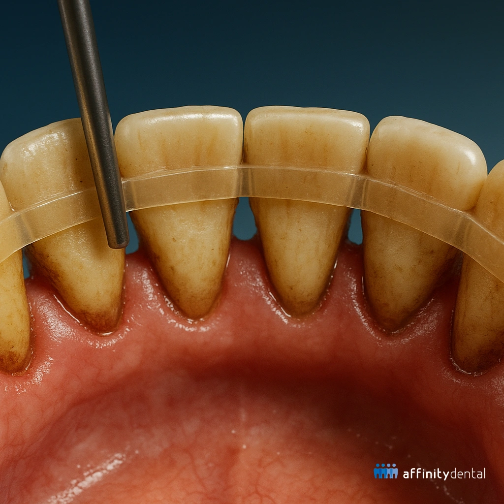 Close-up of teeth undergoing periodontal splinting procedure with a clear fiber-reinforced splint to stabilize mobile lower front teeth.