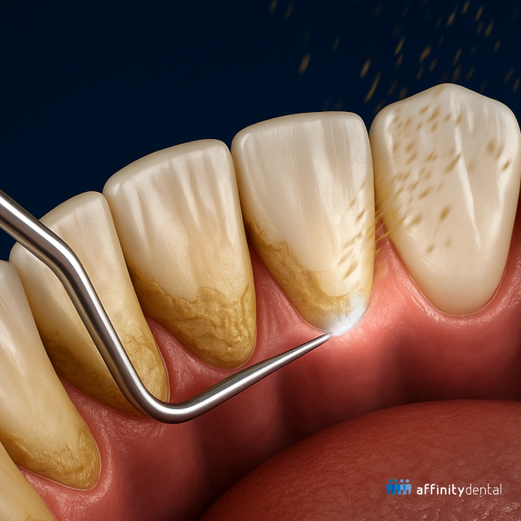 3D illustration of dental scaling procedure removing tartar and plaque from teeth at Affinity Dental Clinics.