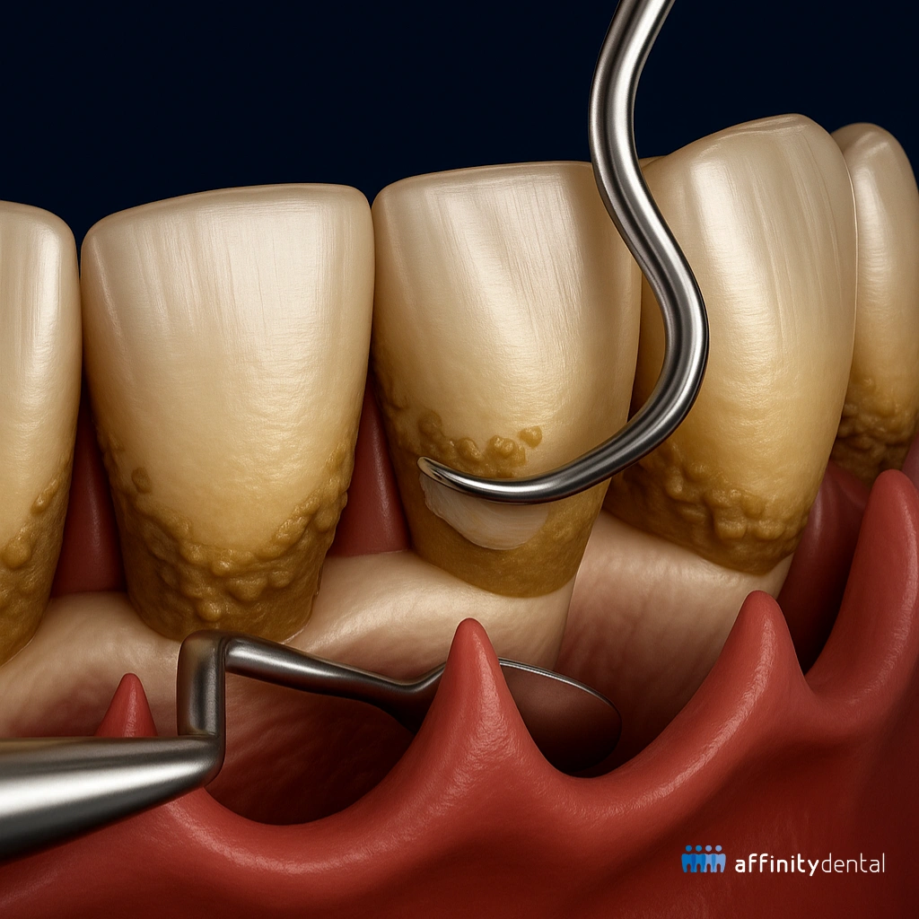 3D illustration by Affinity Dental Clinics of root planing using a Gracey curette to clean plaque and tartar from tooth roots beneath the gumline.