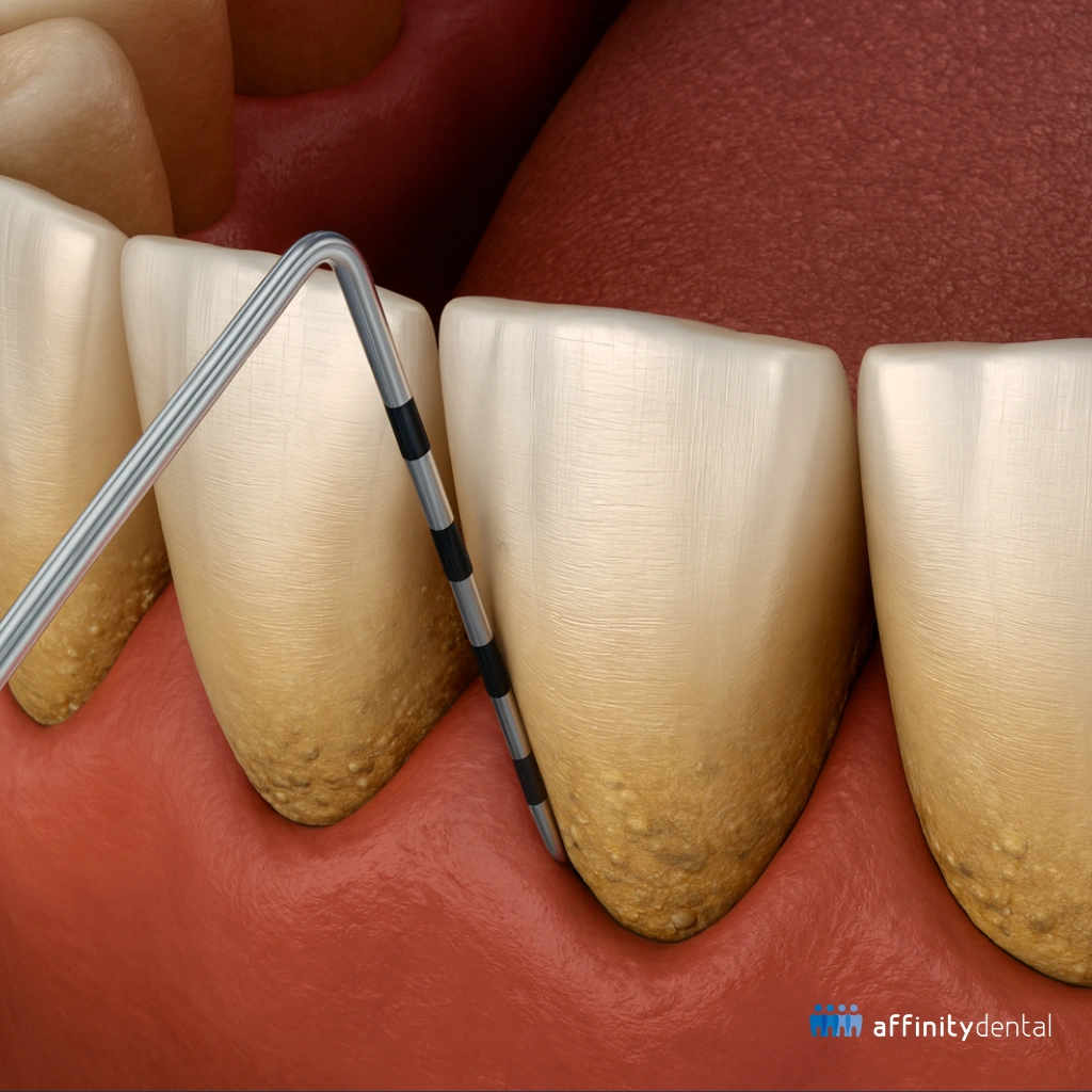Close-up 3D dental illustration showing periodontal probing of teeth with tartar buildup at Affinity Dental Clinics.