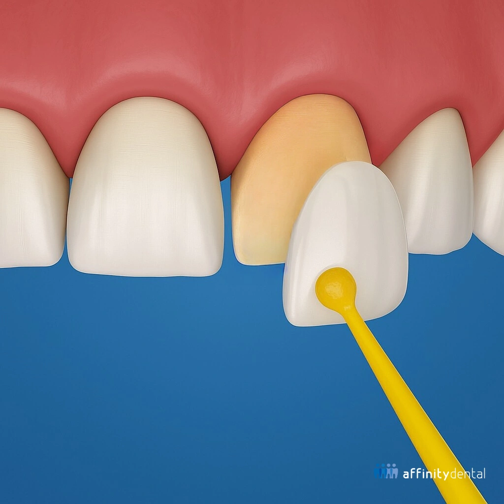 Porcelain veneer being placed on a prepared tooth at Affinity Dental Clinics