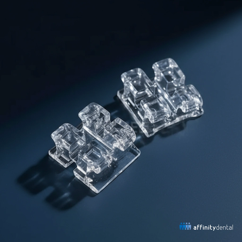 Close-up of two transparent sapphire orthodontic brackets placed on a reflective dark surface.