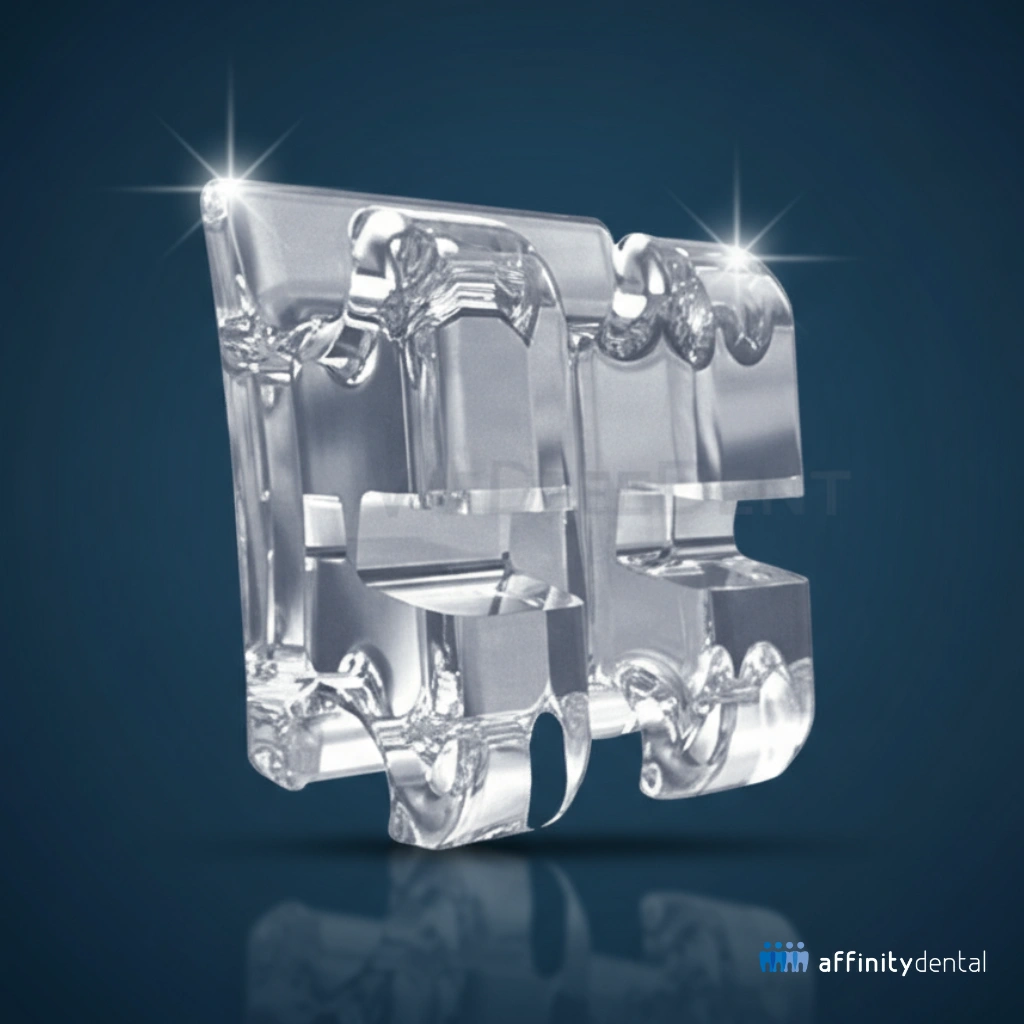 Close-up view of a sapphire orthodontic bracket, transparent and crystal-like, set against a dark blue background.