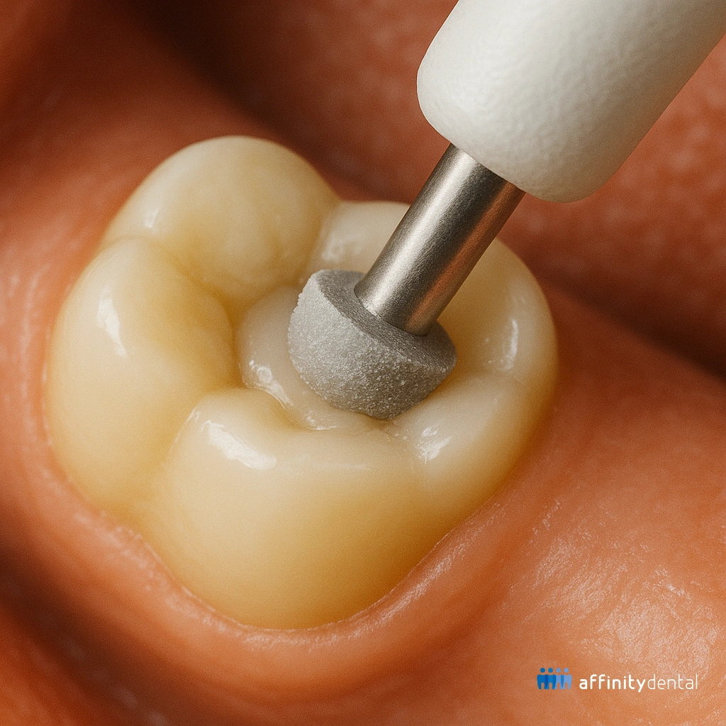 Close-up of a dentist polishing a molar tooth after placing a dental filling.
