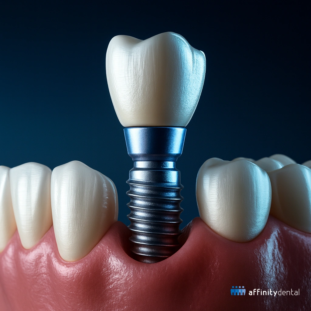 Illustration of an immediate load dental implant placed right after tooth extraction, showing fresh gum tissue and crown placement.