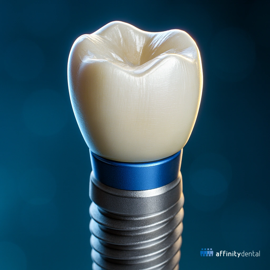 Close-up 3D illustration of a single zirconia crown attached to a titanium dental implant with blue abutment