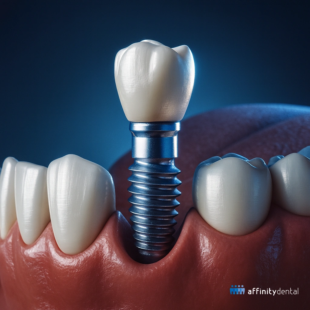 3D illustration of a single dental implant with titanium screw and zirconia crown