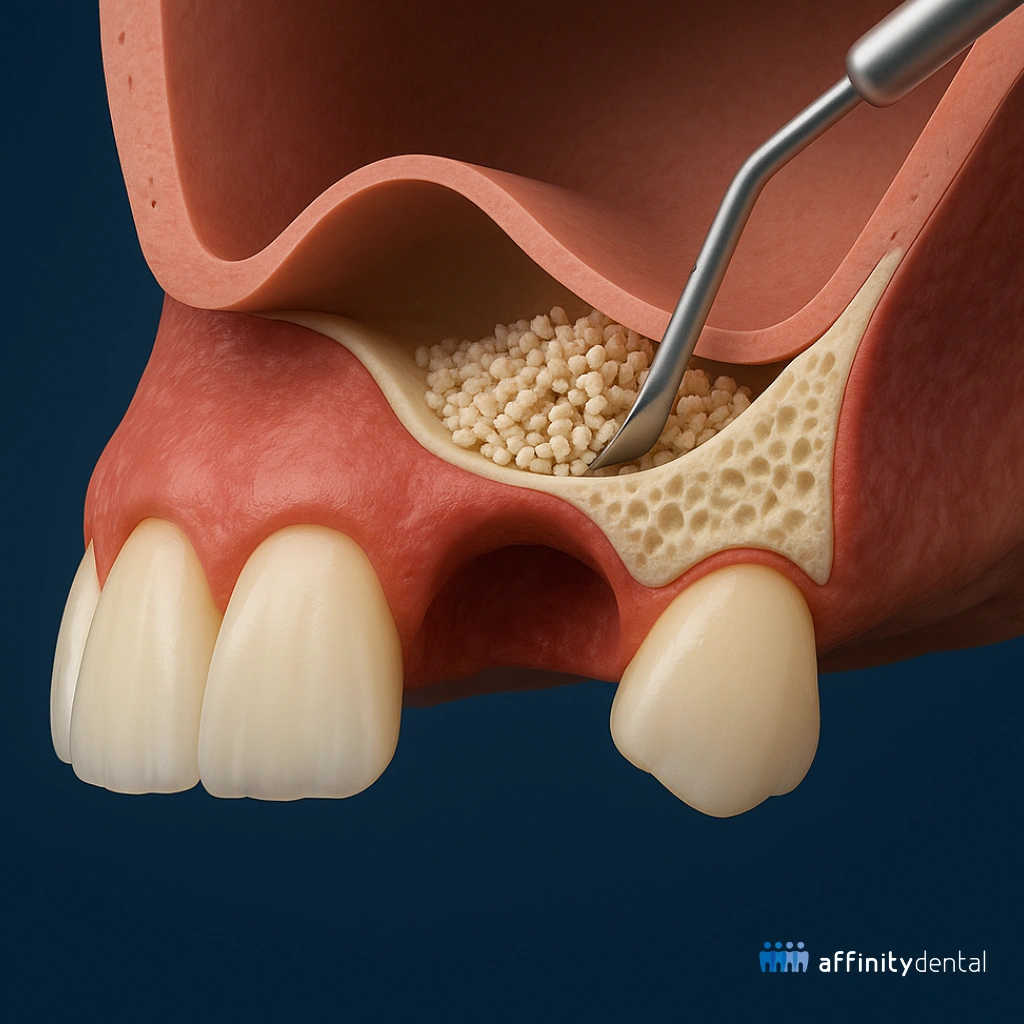 3D illustration of a sinus lift procedure with bone grafting for dental implants at Affinity Dental Clinics Philippines
