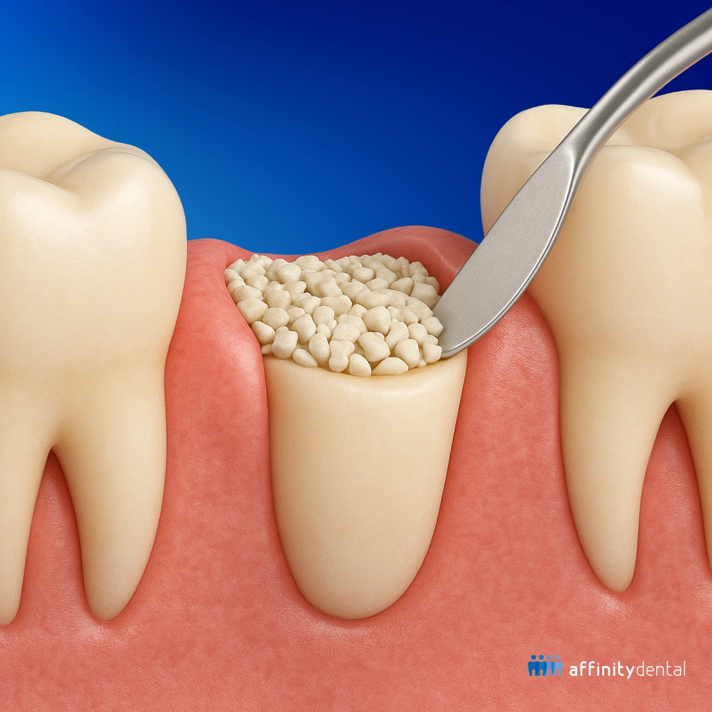 Socket preservation in the Philippines with bone graft material placed after tooth extraction at Affinity Dental Clinics.