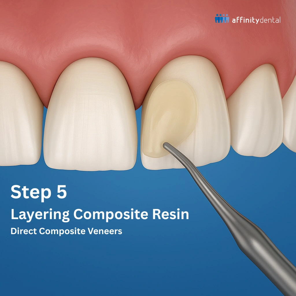 Composite resin applied incrementally on prepared tooth surface for direct composite veneers at Affinity Dental Clinics.