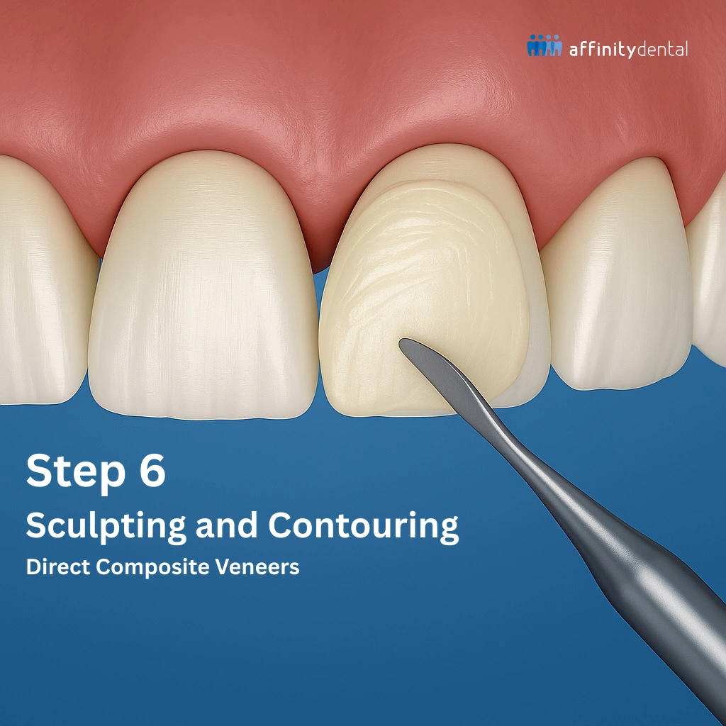 Dentist sculpting and shaping composite resin on incisor during veneer procedure at Affinity Dental Clinics.
