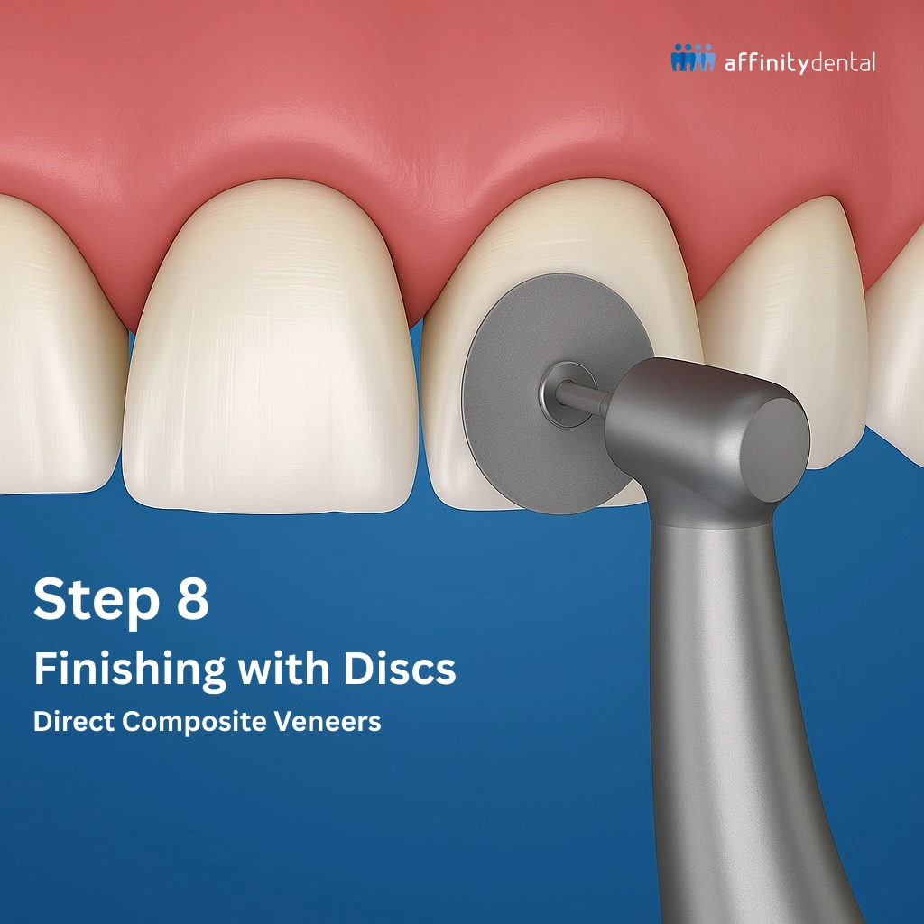Finishing disc refining composite veneer contours on front tooth at Affinity Dental Clinics.