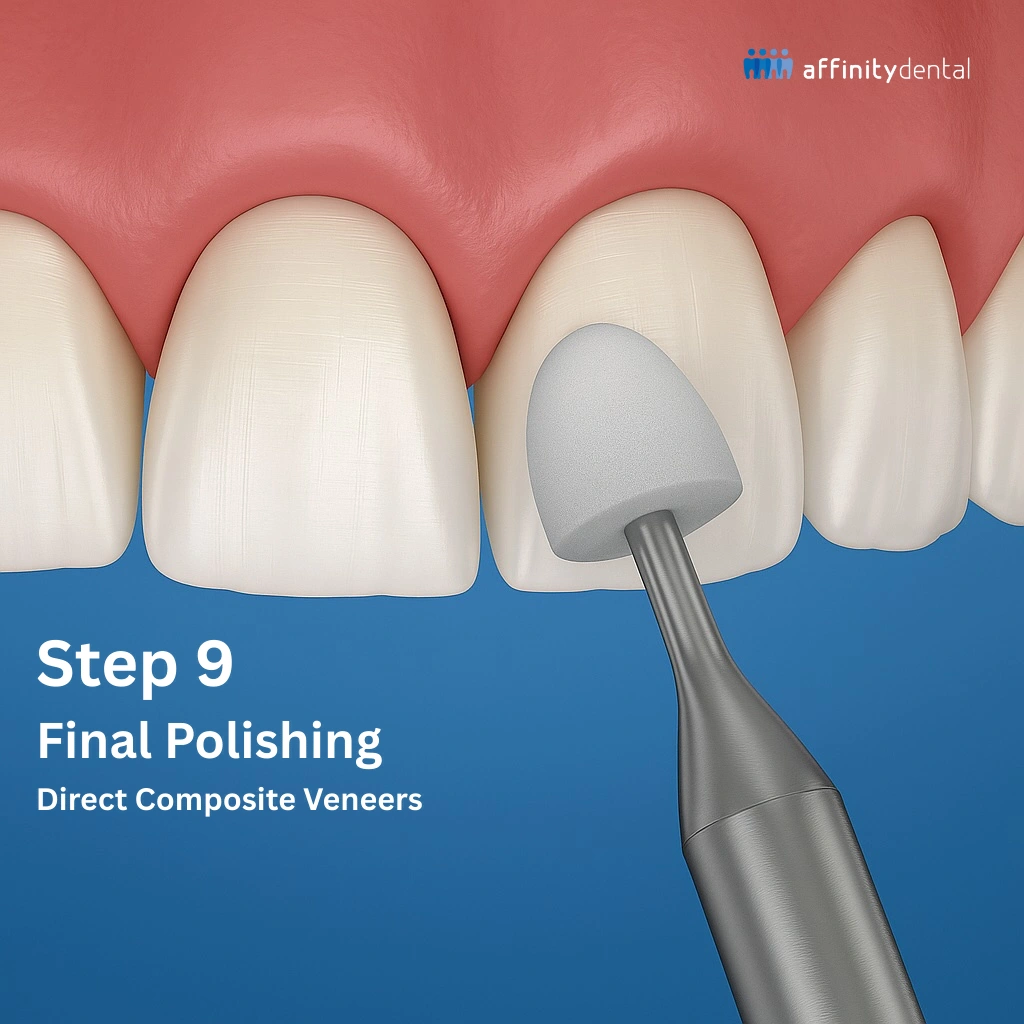 Polishing instrument used to give composite veneer a natural enamel-like shine at Affinity Dental Clinics.