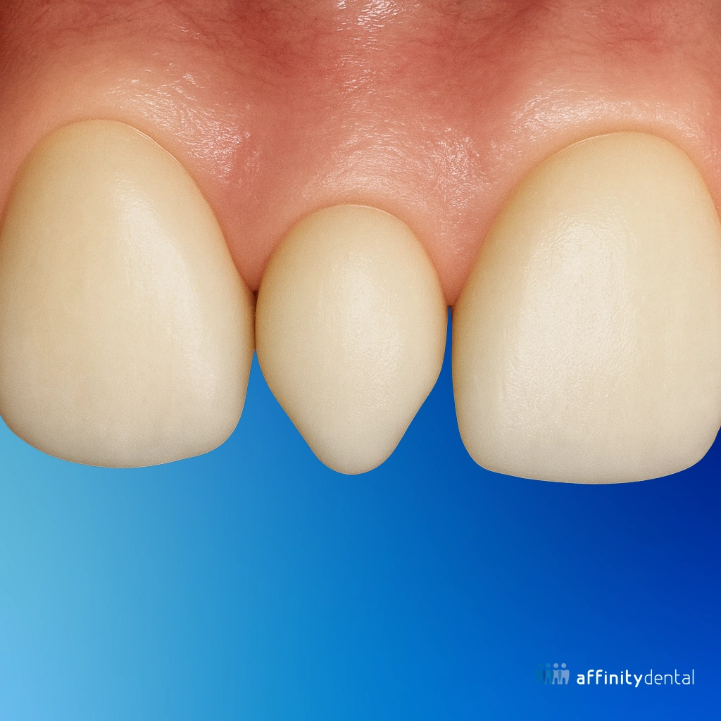 A realistic 3D-rendered image showing a small conical mesiodens located between two upper central incisors, with gum tissue fully covering the roots.