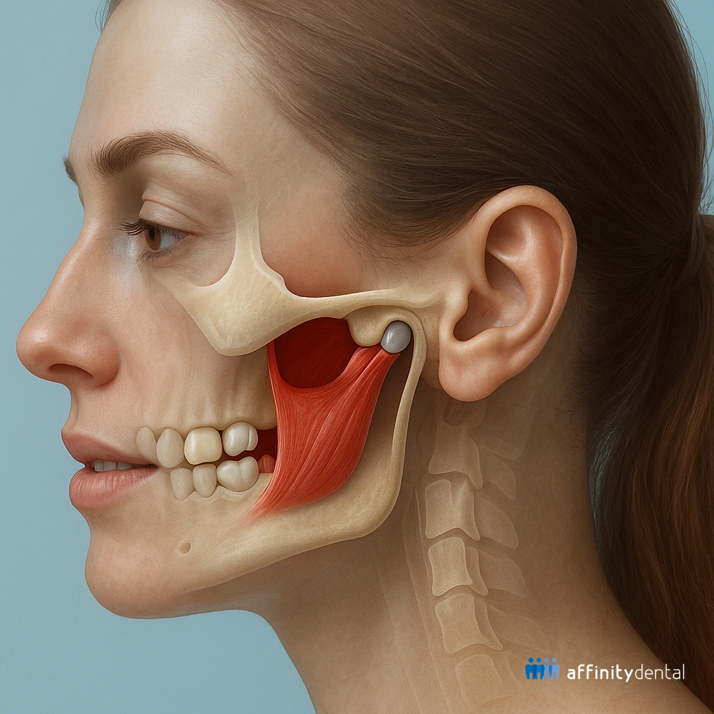 Medical illustration of temporomandibular joint (TMJ) showing jawbone, muscles, and joint structure in a woman’s face

