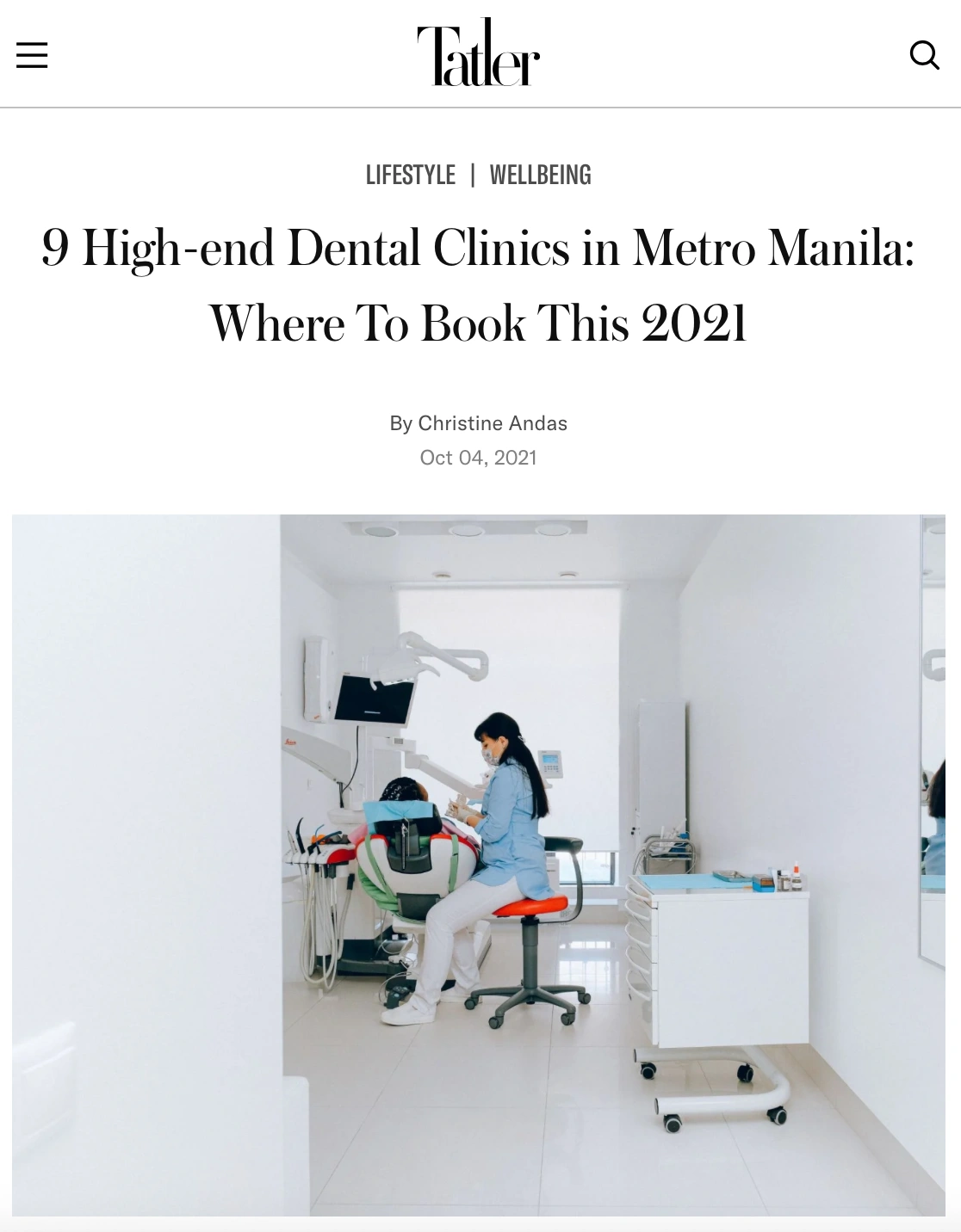 Screenshot of Tatler Asia article “9 High-end Dental Clinics in Metro Manila: Where To Book This 2021” featuring Affinity Dental Clinics