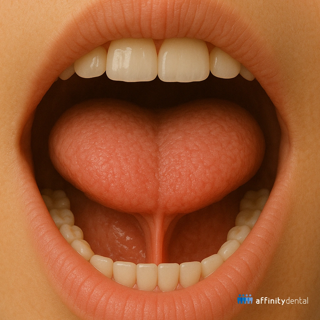 3D dental illustration of tongue tie (ankyloglossia) showing a short lingual frenum restricting tongue movement.