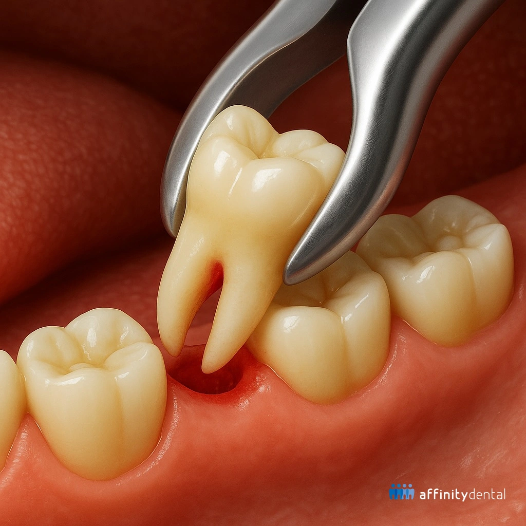 Illustration of a molar tooth being extracted with dental forceps at Affinity Dental Clinics