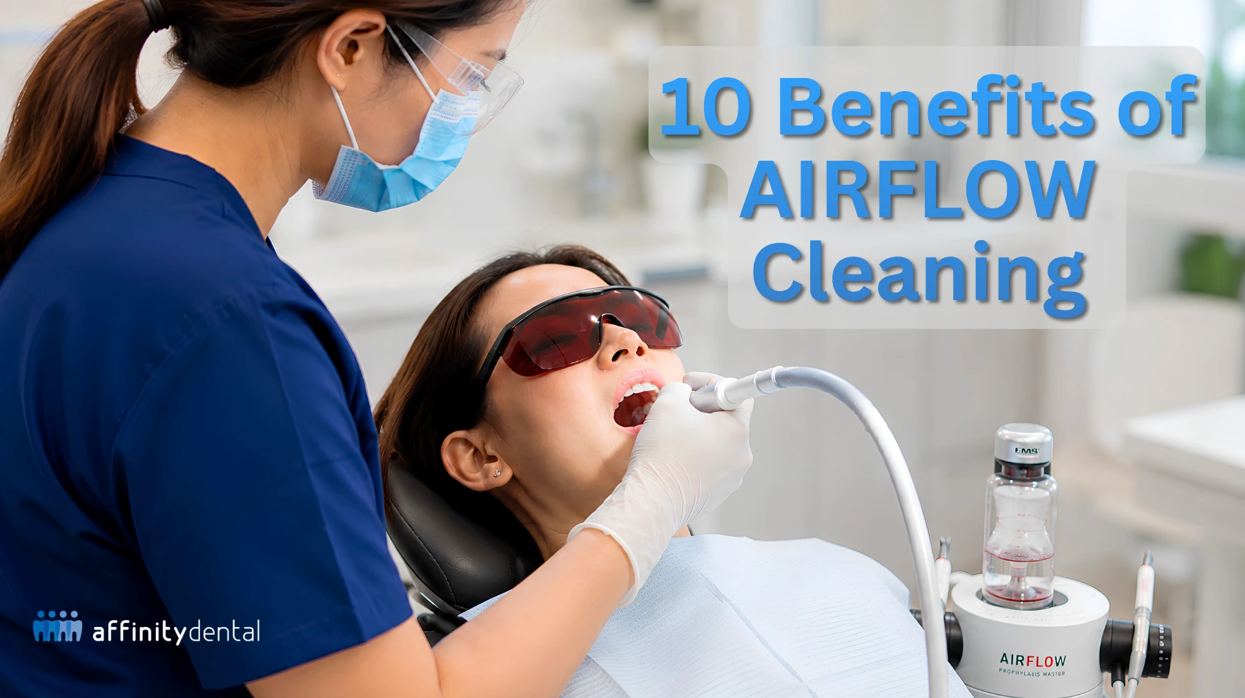 Dentist performing professional AirFlow teeth cleaning in a modern dental clinic using advanced AirFlow technology for gentle plaque and stain removal.