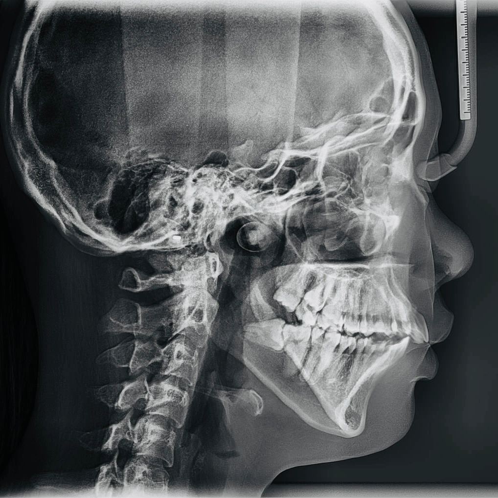 Lateral cephalometric dental X-ray showing side view of skull, teeth, and cervical spine