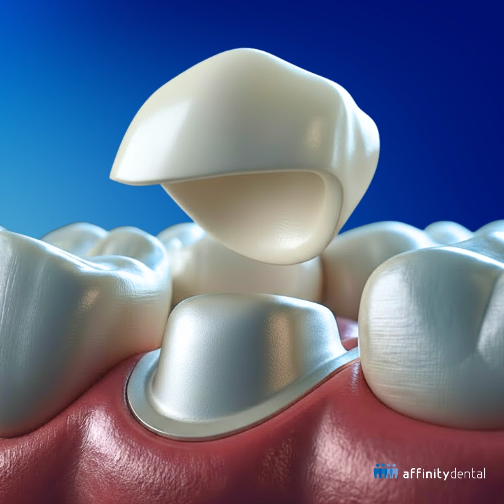 3D illustration of a zirconia crown placed over a prepared tooth.