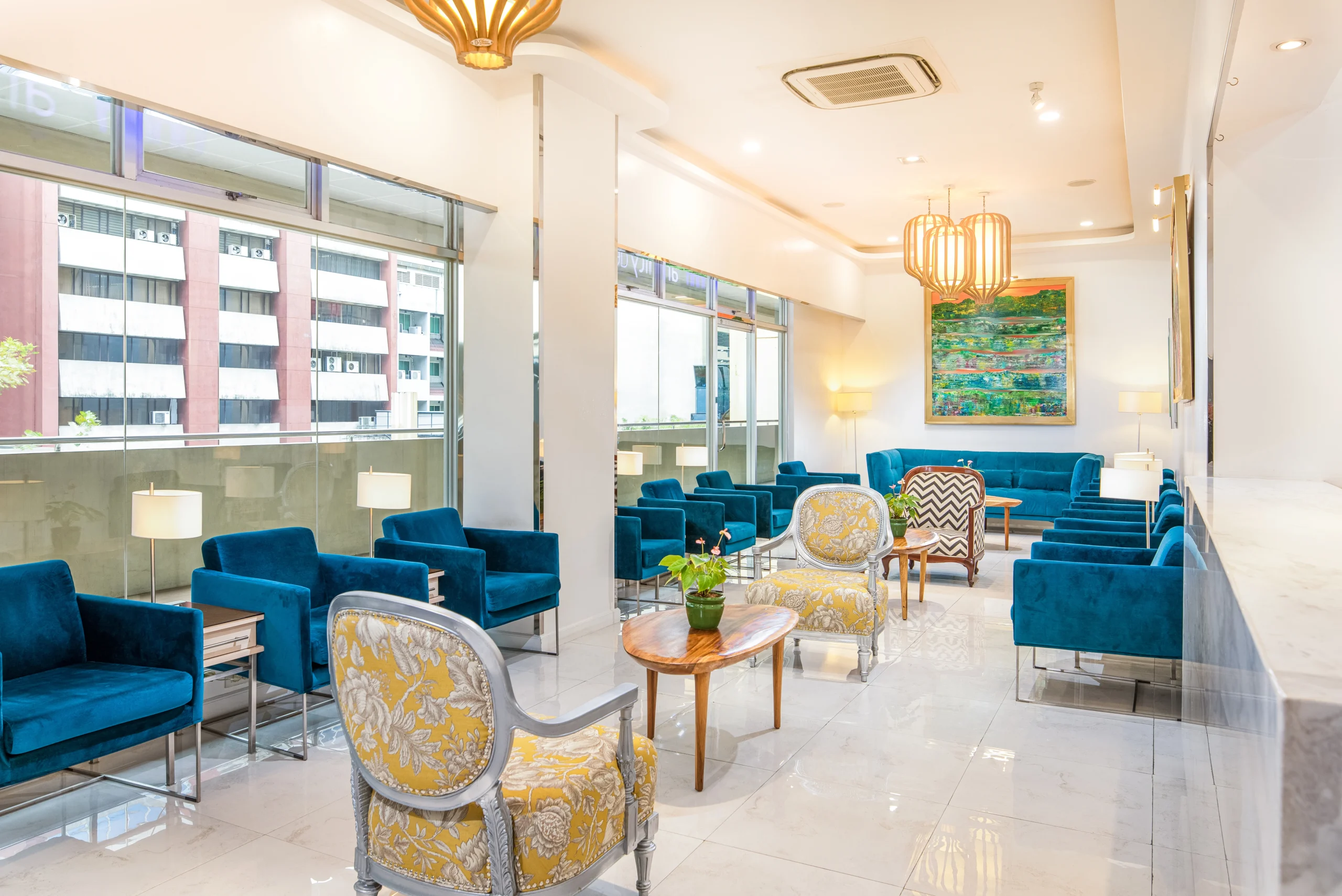Elegant dental office waiting area with modern furniture and sophisticated design