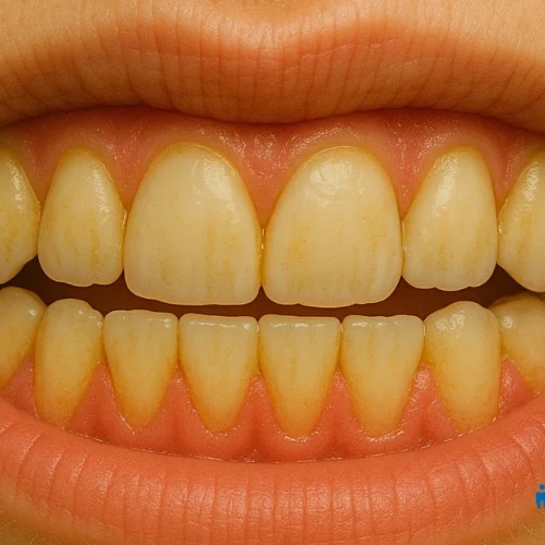 Close-up of human teeth showing mild yellowish plaque deposits along the gumline and between teeth, photographed for Affinity Dental educational use.