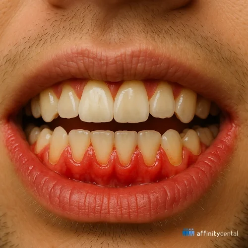 Close-up of gums with gingivitis, showing redness and swelling that contribute to bad breath.