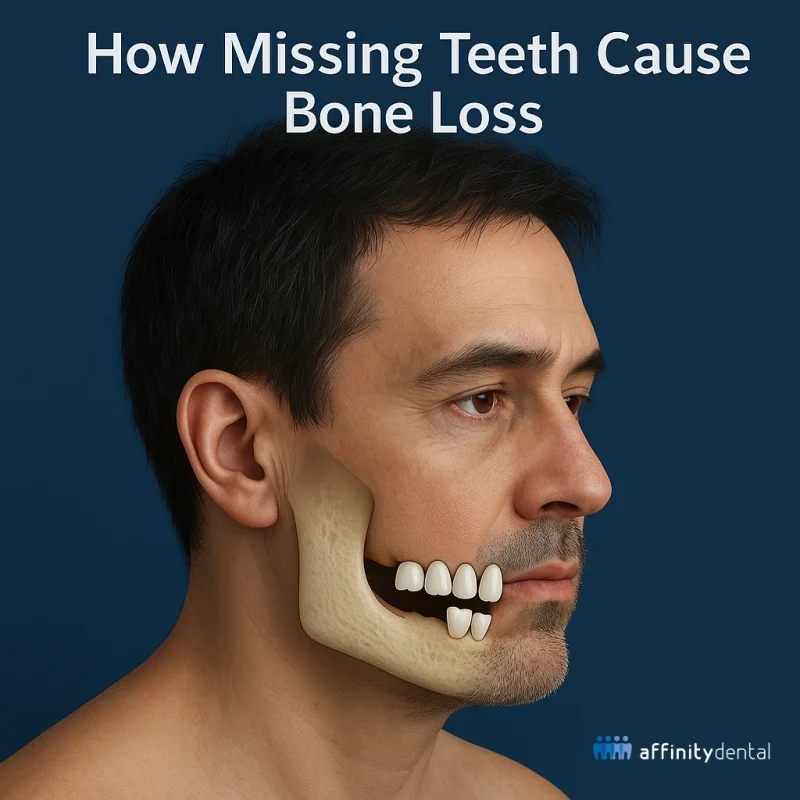 Affinity Dental Clinics- 3D medical dental illustration showing how missing teeth lead to jawbone loss and facial changes in a man’s profile.