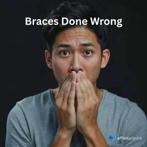 Worried young man covering his mouth with hands, representing the dangers of cheap or DIY braces.